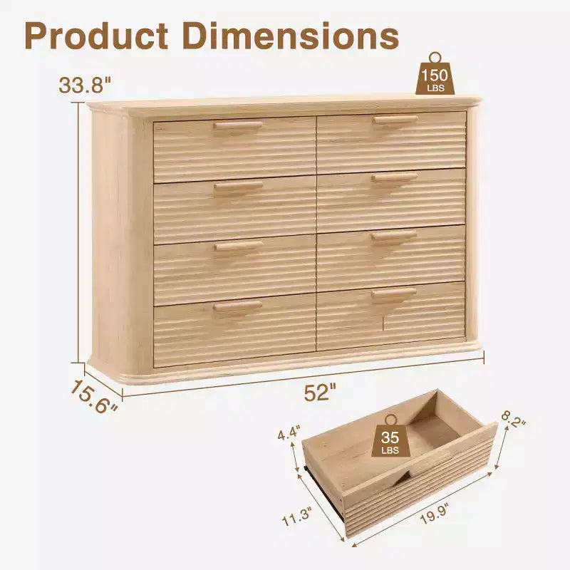 Comò moderno a 8 cassetti per camera da letto, comò ampio 52", cassettiera con profilo curvo per soggiorno o ingresso-Panipeachy
