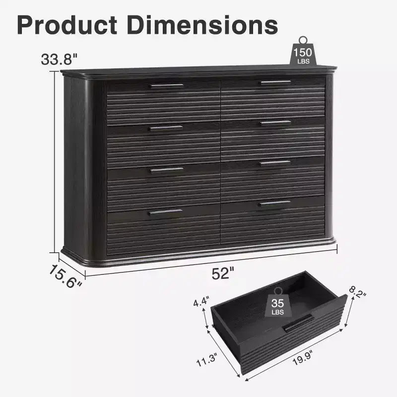 Comò moderno a 8 cassetti per camera da letto, comò ampio 52", cassettiera con profilo curvo per soggiorno o ingresso-Panipeachy