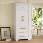 Mobile Dispensa da Cucina Alto 198 cm, Armadio Autoportante con 3 Cassetti, Madia da Cucina in Legno e Mobile Bar per Soggiorno
