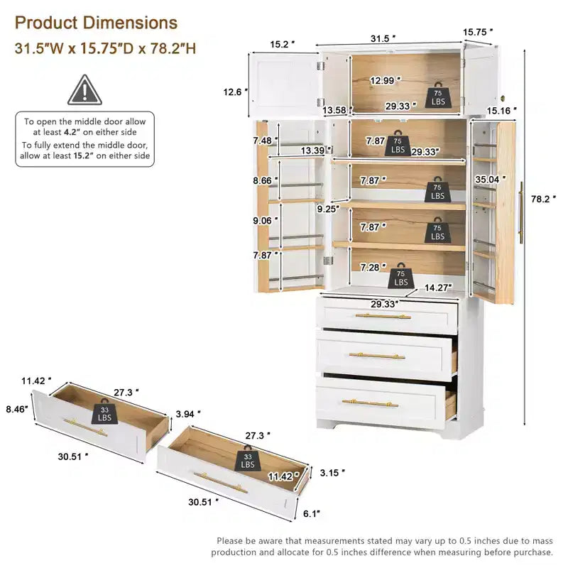 Mobile Dispensa da Cucina Alto 198 cm, Armadio Autoportante con 3 Cassetti, Madia da Cucina in Legno e Mobile Bar per Soggiorno