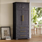 Mobile Dispensa da Cucina Alto 198 cm, Armadio Autoportante con 3 Cassetti, Madia da Cucina in Legno e Mobile Bar per Soggiorno