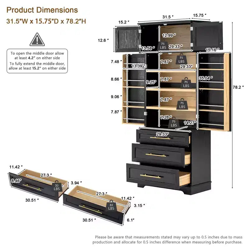 Mobile Dispensa da Cucina Alto 198 cm, Armadio Autoportante con 3 Cassetti, Madia da Cucina in Legno e Mobile Bar per Soggiorno