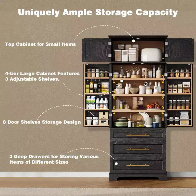 Mobile Dispensa da Cucina Alto 198 cm, Armadio Autoportante con 3 Cassetti, Madia da Cucina in Legno e Mobile Bar per Soggiorno