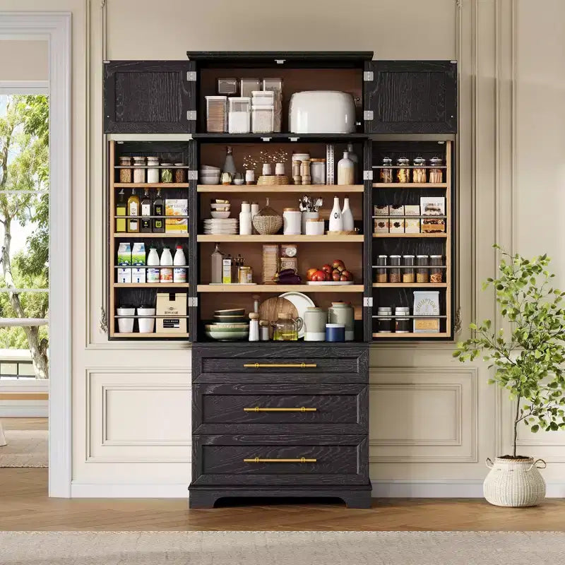 78 Tall Kitchen Pantry Cabinet, Freestanding Cupboard with 3 Drawers, Wooden Kitchen Hutch Cabinet & Coffee Bar Cabinet for Living Room