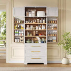 Mobile Dispensa da Cucina Alto 198 cm, Armadio Autoportante con 3 Cassetti, Madia da Cucina in Legno e Mobile Bar per Soggiorno