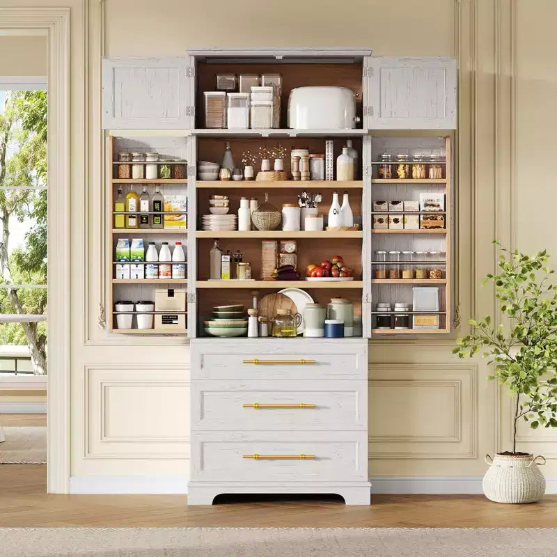 Mobile Dispensa da Cucina Alto 198 cm, Armadio Autoportante con 3 Cassetti, Madia da Cucina in Legno e Mobile Bar per Soggiorno
