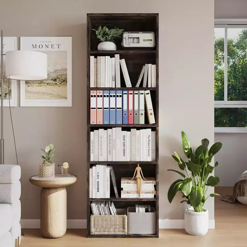 Libreria alta a 6 ripiani per ufficio o casa, scaffale industriale rustico, mensola moderna e sottile, robusto organizer per soggiorno, camera da letto, biblioteca