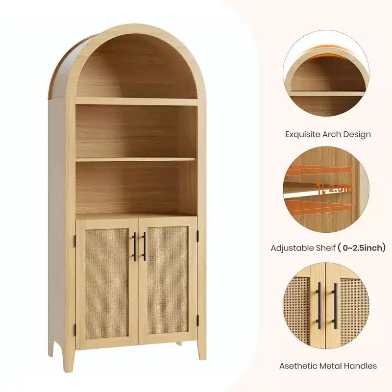 Libreria ad arco con ante in rattan, scaffale moderno a 5 ripiani per casa/ufficio/biblioteca