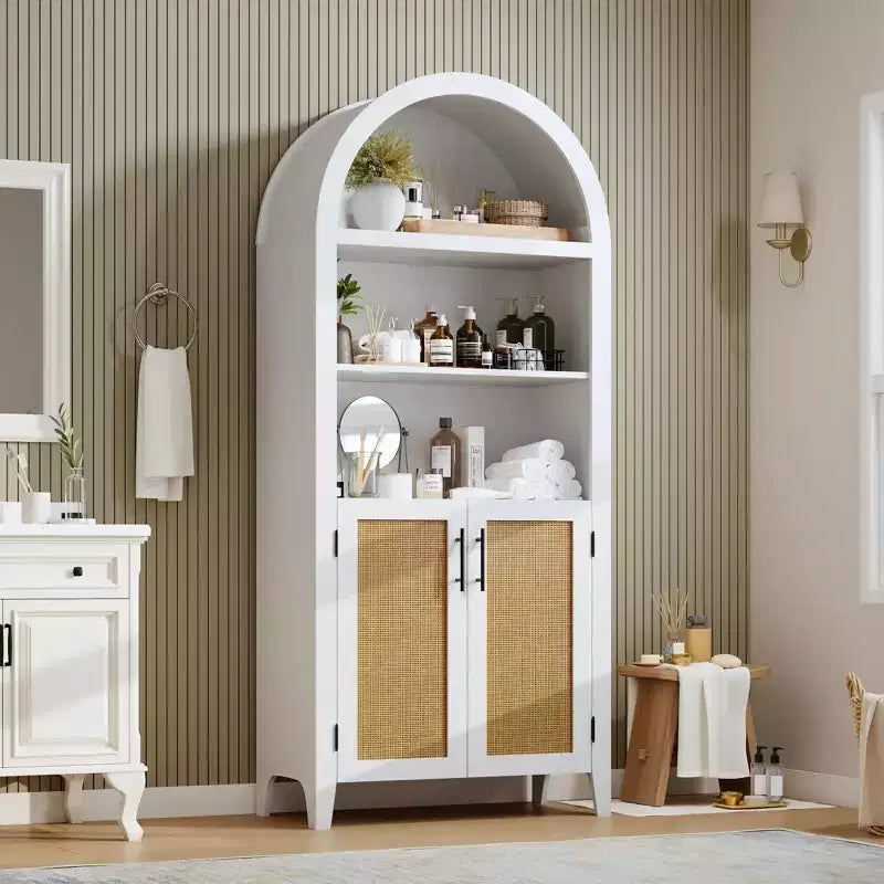 Libreria ad arco con ante in rattan, scaffale moderno a 5 ripiani per casa/ufficio/biblioteca