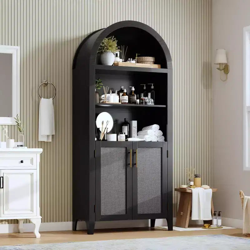 Libreria ad arco con ante in rattan, scaffale moderno a 5 ripiani per casa/ufficio/biblioteca