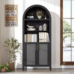 Arched Bookcase with Rattan Doors  5-Tier Modern Storage Shelf for Home/Office/Library