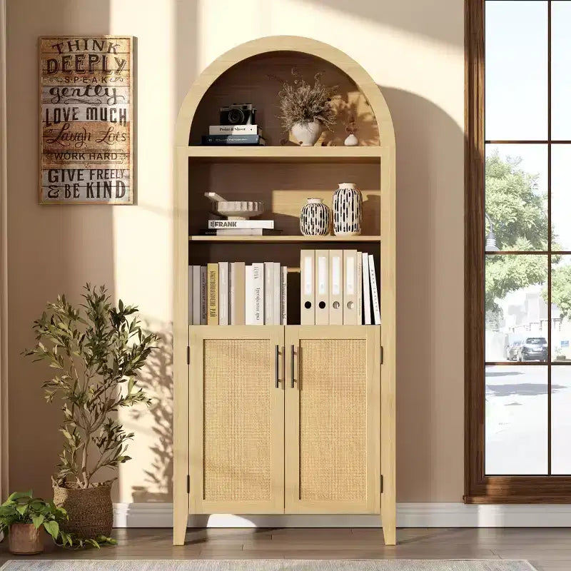 Libreria ad arco con ante in rattan, scaffale moderno a 5 ripiani per casa/ufficio/biblioteca