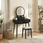 GDFStudio Charlotte Set Scrivania Trucco Moderno in Legno con Specchio Illuminato a LED, Cassetti e Sgabello