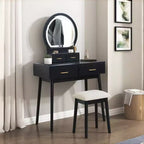 GDFStudio Charlotte Modern Wood Makeup Vanity Desk Set with LED Lighted Mirror, Storage Drawers and Stool