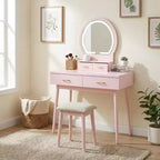 GDFStudio Charlotte Set Scrivania Trucco Moderno in Legno con Specchio Illuminato a LED, Cassetti e Sgabello