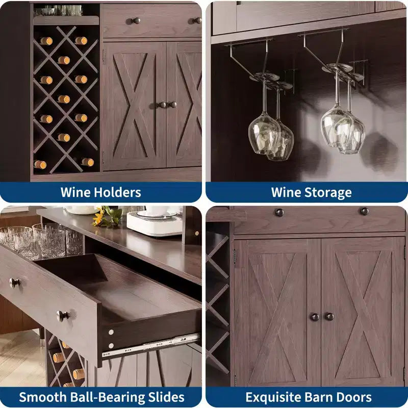 Mobile da Bar Caffè con Presa di Corrente e Raffinate Ante a Grana di Legno, Credenza Buffet con Portabottiglie per Vino