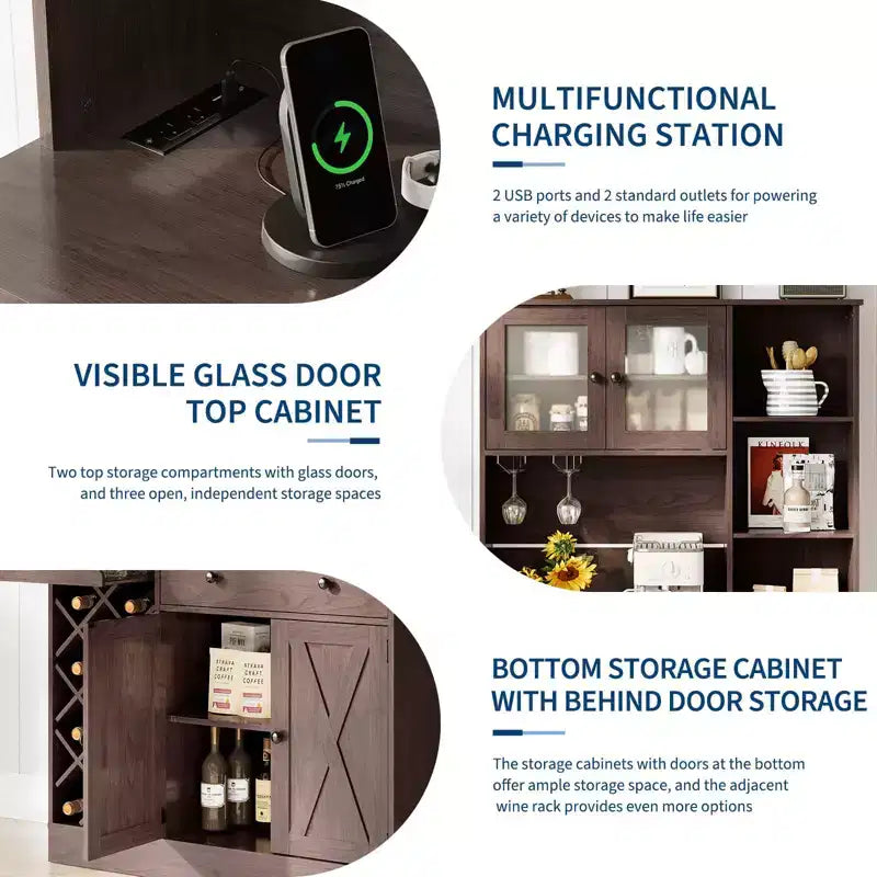 Mobile da Bar Caffè con Presa di Corrente e Raffinate Ante a Grana di Legno, Credenza Buffet con Portabottiglie per Vino
