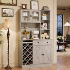 Coffee Bar Cabinet with Power Outlet & Exquisite Barn Doors, Sideboard Buffet Cabinet with Wine Bottle Rack