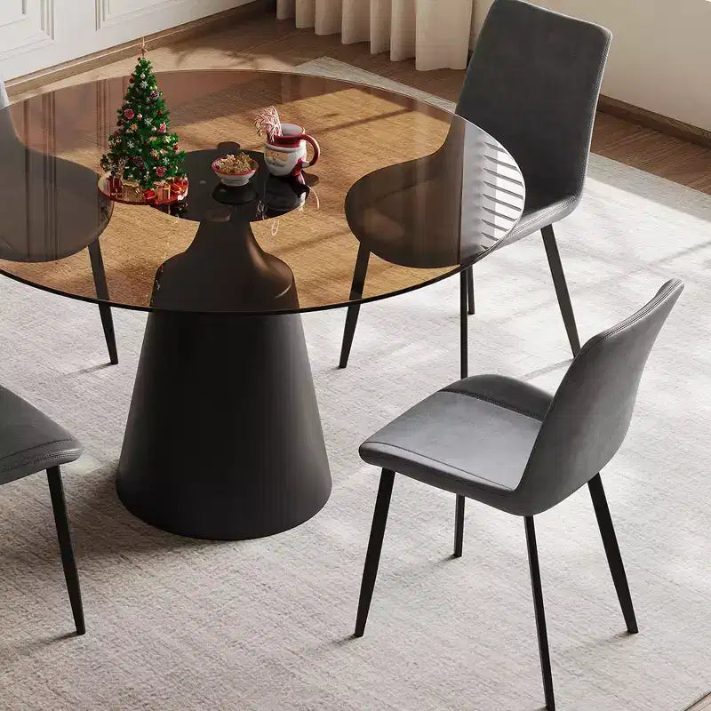JVNOXK Tavolo da pranzo rotondo moderno di metà secolo da 35 pollici e set da 4 sedie, piano in vetro temperato, sedie grigie, adatto per cucine, nero