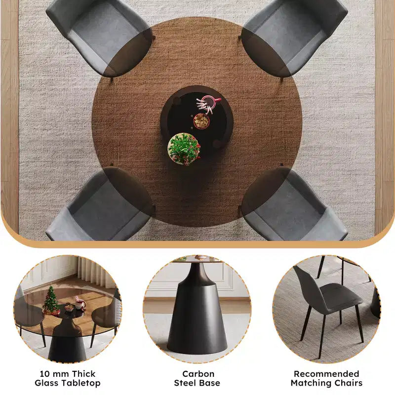 JVNOXK Tavolo da pranzo rotondo moderno di metà secolo da 35 pollici e set da 4 sedie, piano in vetro temperato, sedie grigie, adatto per cucine, nero