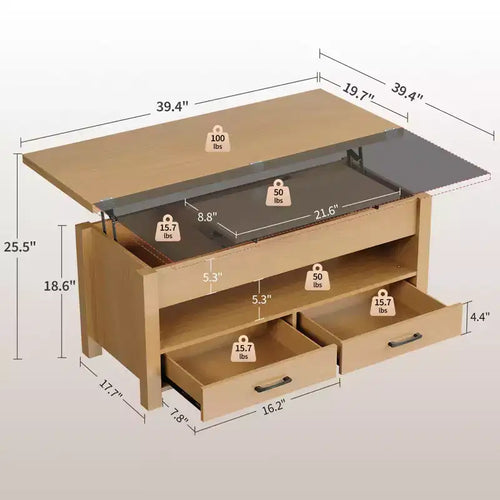 Table basse relevable convertible 4 en 1 avec rangement pour salon - 40 tables basses de rangement avec 2 tiroirs