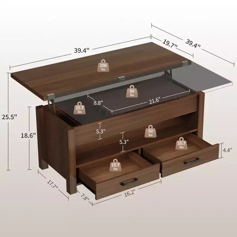 Tavolino da caffè convertibile 4 in 1 con piano sollevabile e contenitore per soggiorno - 40 tavolini da caffè con contenitore e 2 cassetti