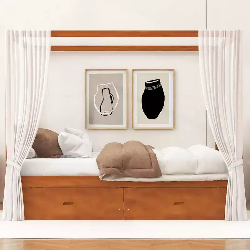 Letto a baldacchino con piattaforma Queen/King Size in legno con cassetti contenitore - ModernLuxe
