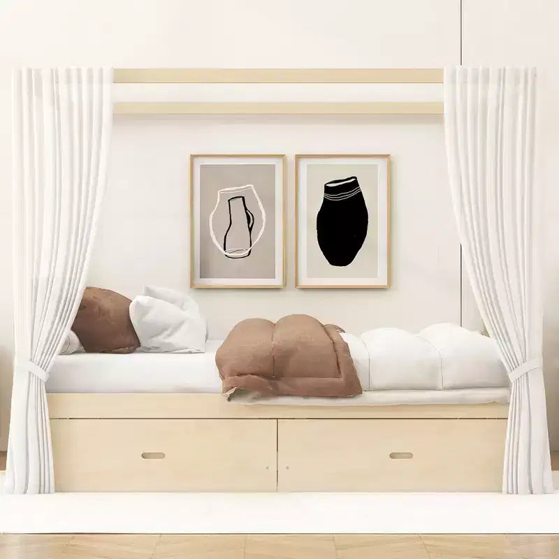 Letto a baldacchino con piattaforma Queen/King Size in legno con cassetti contenitore - ModernLuxe