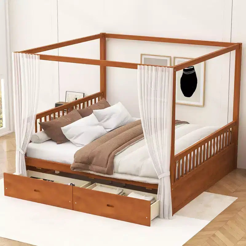 Letto a baldacchino con piattaforma Queen/King Size in legno con cassetti contenitore - ModernLuxe