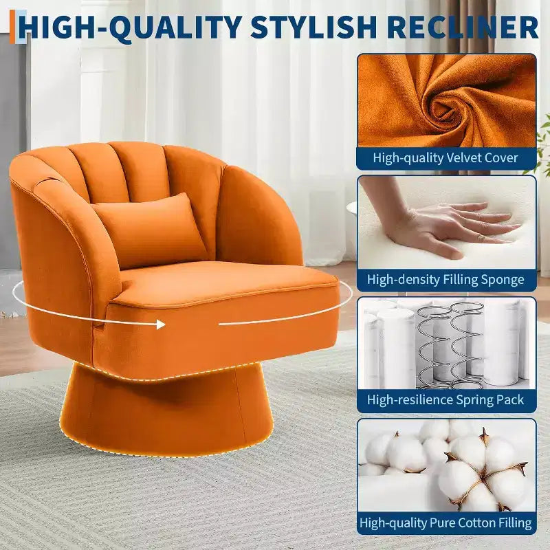 Moderna poltrona a botte girevole - Poltrona girevole a 360° con rivestimento in velluto e seduta ampia imbottita e schienale a righe, divano lounge rotondo arancione