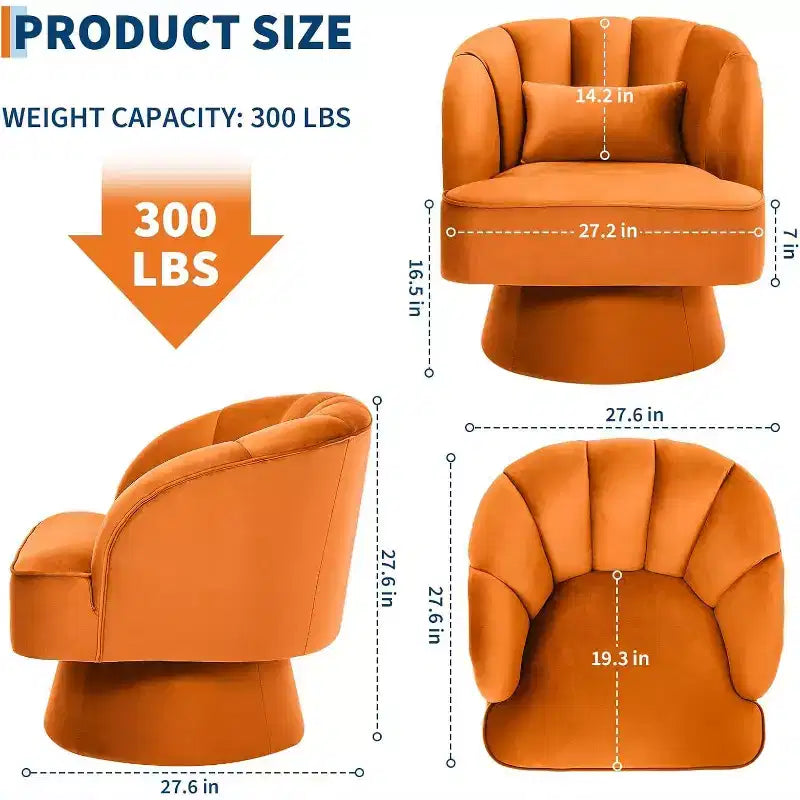 Moderna poltrona a botte girevole - Poltrona girevole a 360° con rivestimento in velluto e seduta ampia imbottita e schienale a righe, divano lounge rotondo arancione