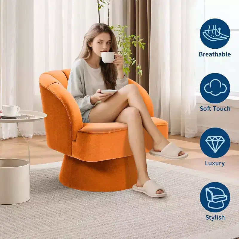 Moderna poltrona a botte girevole - Poltrona girevole a 360° con rivestimento in velluto e seduta ampia imbottita e schienale a righe, divano lounge rotondo arancione
