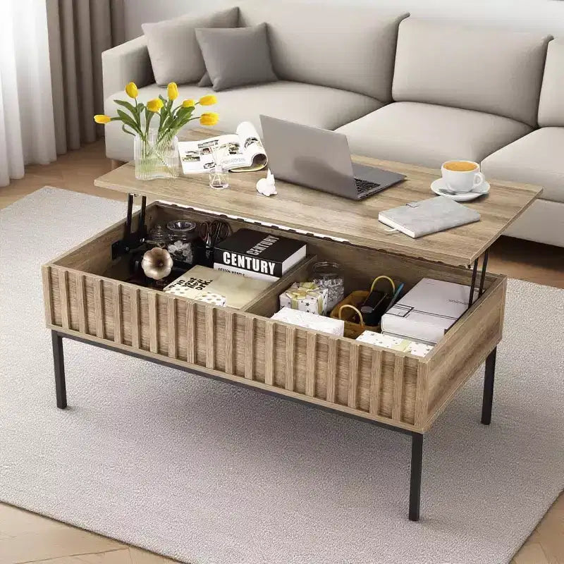 Tavolino da caffè sollevabile con scomparto nascosto, tavolino moderno con contenitore, tavolino da tè con piano rialzabile in legno scanalato per soggiorno