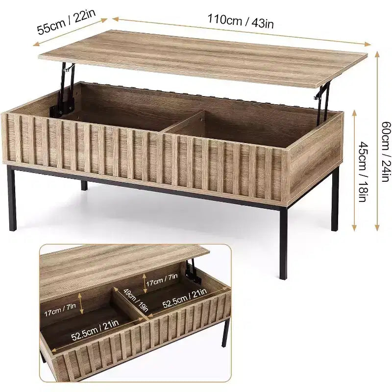Tavolino da caffè sollevabile con scomparto nascosto, tavolino moderno con contenitore, tavolino da tè con piano rialzabile in legno scanalato per soggiorno