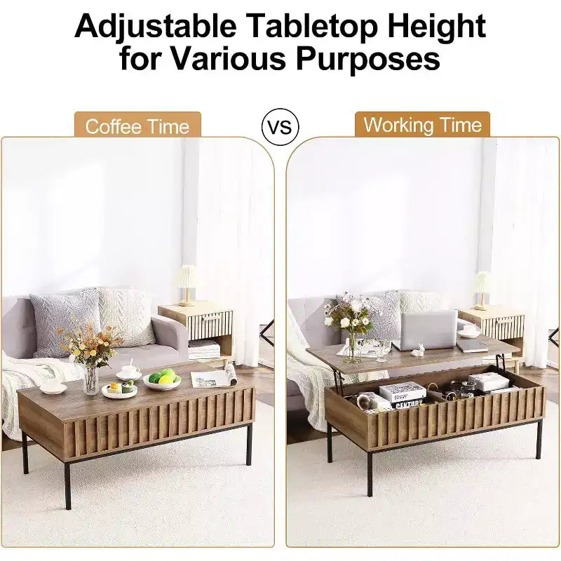 Tavolino da caffè sollevabile con scomparto nascosto, tavolino moderno con contenitore, tavolino da tè con piano rialzabile in legno scanalato per soggiorno