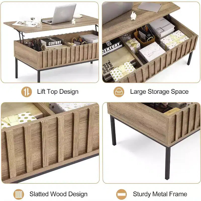 Tavolino da caffè sollevabile con scomparto nascosto, tavolino moderno con contenitore, tavolino da tè con piano rialzabile in legno scanalato per soggiorno