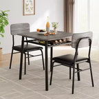 Set da pranzo a 3 pezzi per 2 persone - Tavolo compatto con ripiano portaoggetti e 2 sedie imbottite, piano effetto legno grigio e gambe in metallo nero per cucina o soggiorno
