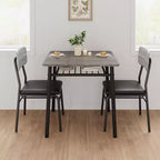 Set da pranzo a 3 pezzi per 2 persone - Tavolo compatto con ripiano portaoggetti e 2 sedie imbottite, piano effetto legno grigio e gambe in metallo nero per cucina o soggiorno