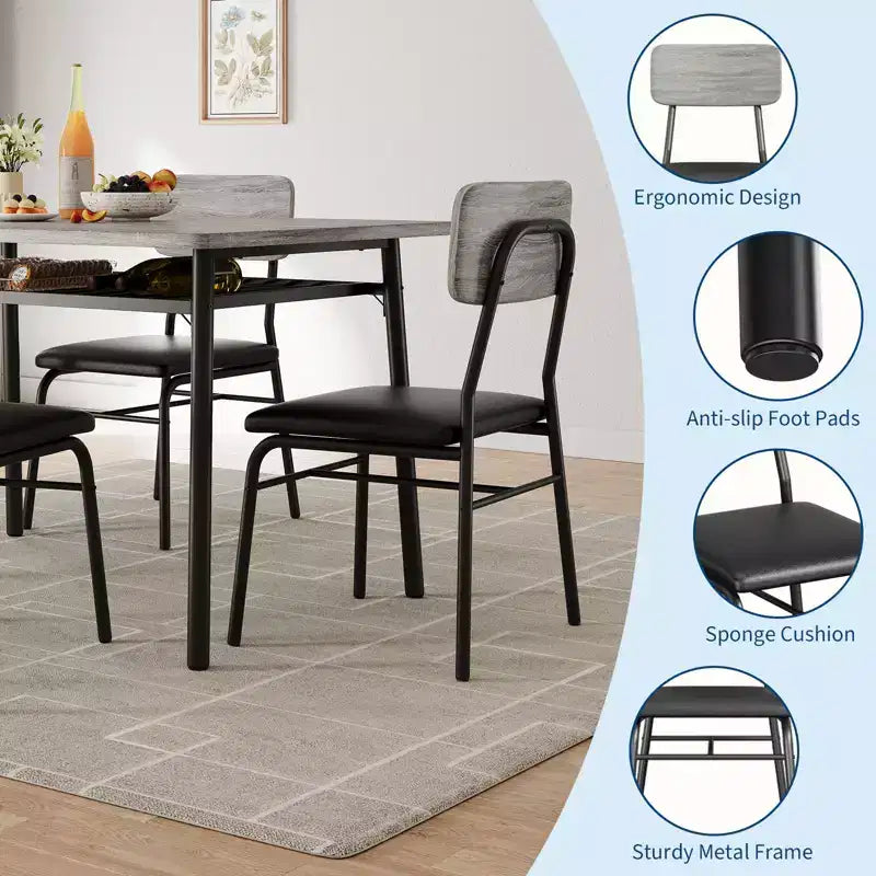 Set da pranzo a 3 pezzi per 2 persone - Tavolo compatto con ripiano portaoggetti e 2 sedie imbottite, piano effetto legno grigio e gambe in metallo nero per cucina o soggiorno