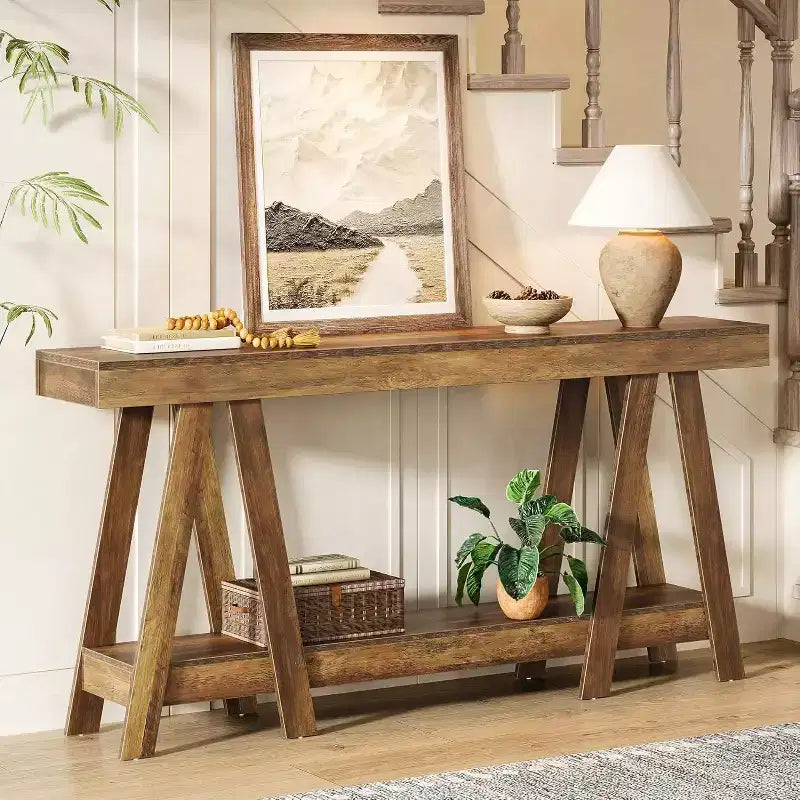 Tavolo Consolle da Fattoria Lantine 70.87, Tavolino d'Accento a 2 Livelli Dietro il Divano per Soggiorno, Ingresso, Foyer