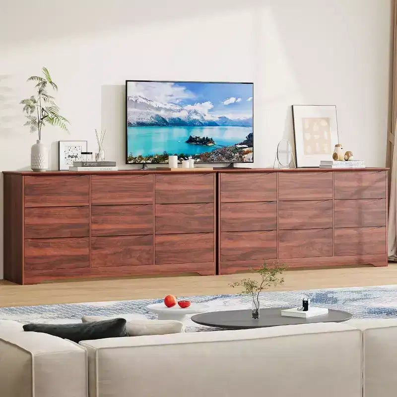 Comò in Legno a 9 Cassetti, Armadio Alto con Contenitori Profondi, Cassettiera Grande con Piano Largo, Comò Contenitore Lungo per Camera da Letto, Soggiorno