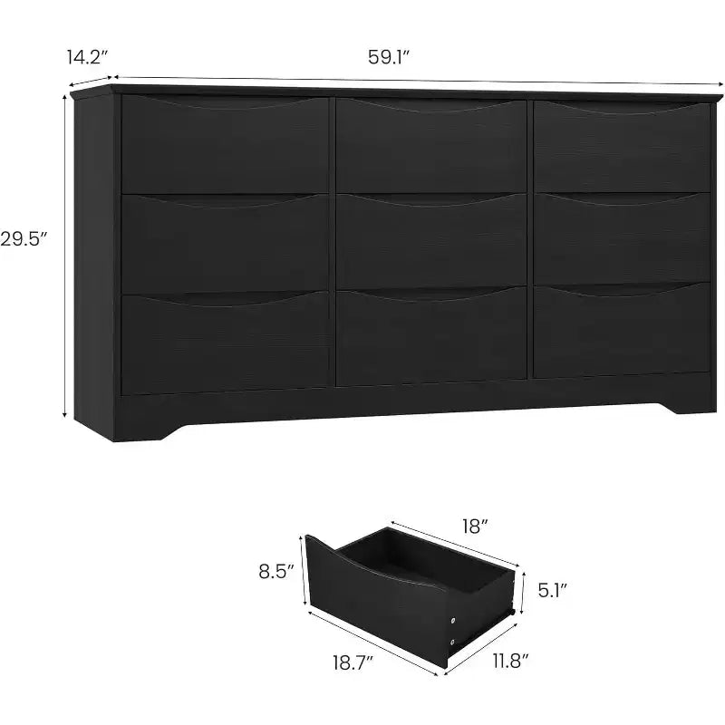 Comò in Legno a 9 Cassetti, Armadio Alto con Contenitori Profondi, Cassettiera Grande con Piano Largo, Comò Contenitore Lungo per Camera da Letto, Soggiorno