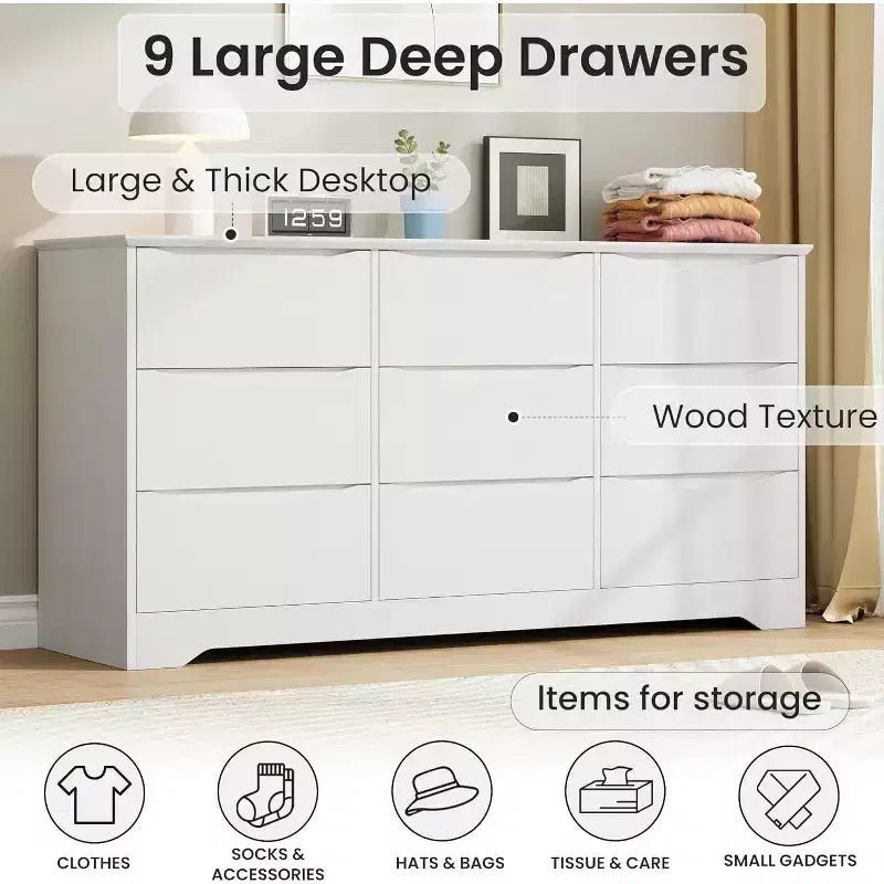 Comò in Legno a 9 Cassetti, Armadio Alto con Contenitori Profondi, Cassettiera Grande con Piano Largo, Comò Contenitore Lungo per Camera da Letto, Soggiorno