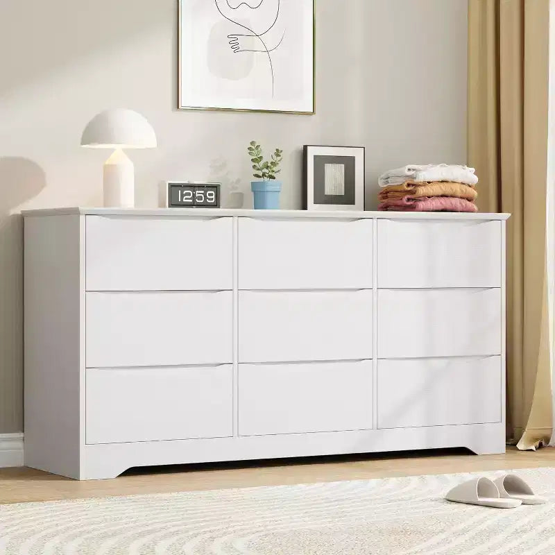 Comò in Legno a 9 Cassetti, Armadio Alto con Contenitori Profondi, Cassettiera Grande con Piano Largo, Comò Contenitore Lungo per Camera da Letto, Soggiorno