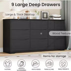 Comò in Legno a 9 Cassetti, Armadio Alto con Contenitori Profondi, Cassettiera Grande con Piano Largo, Comò Contenitore Lungo per Camera da Letto, Soggiorno
