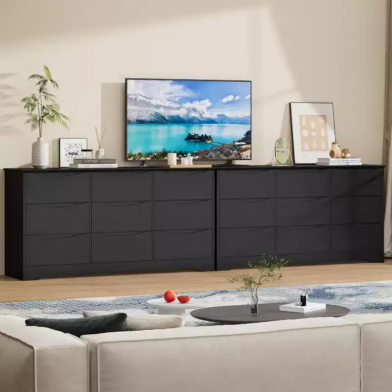 Comò in Legno a 9 Cassetti, Armadio Alto con Contenitori Profondi, Cassettiera Grande con Piano Largo, Comò Contenitore Lungo per Camera da Letto, Soggiorno