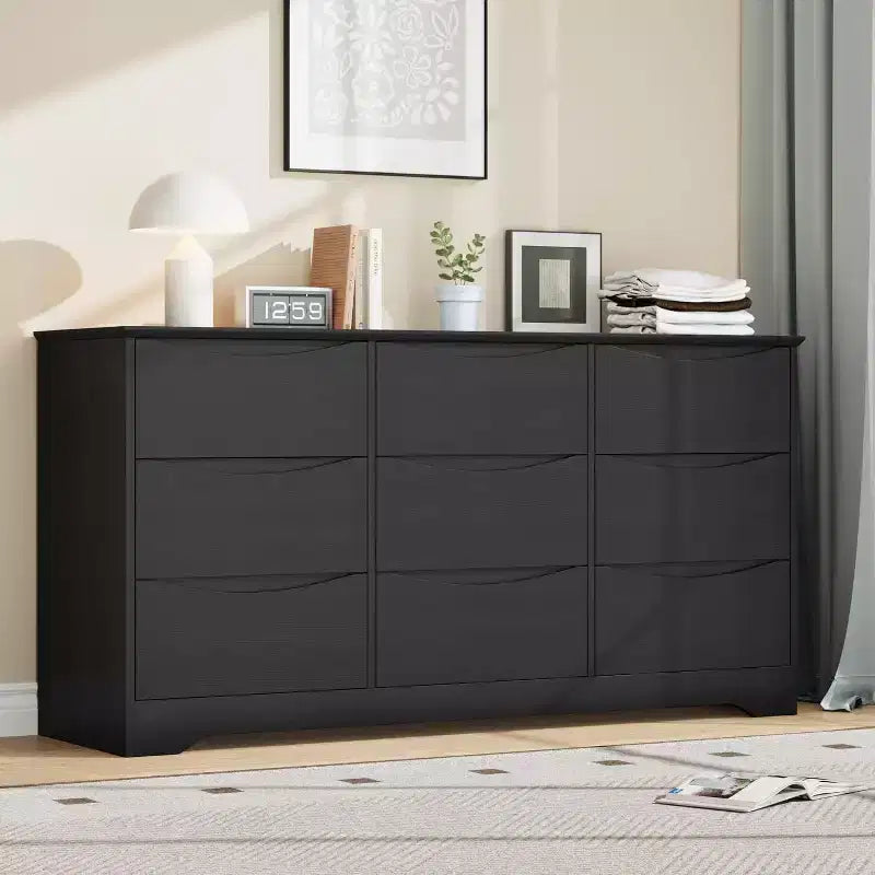 Wooden Dresser with 9 Drawers, Tall Closet with Deep Storage, Large Chest of Drawers with Wide Top, Long Storage Dresser for Bedroom, Living Room