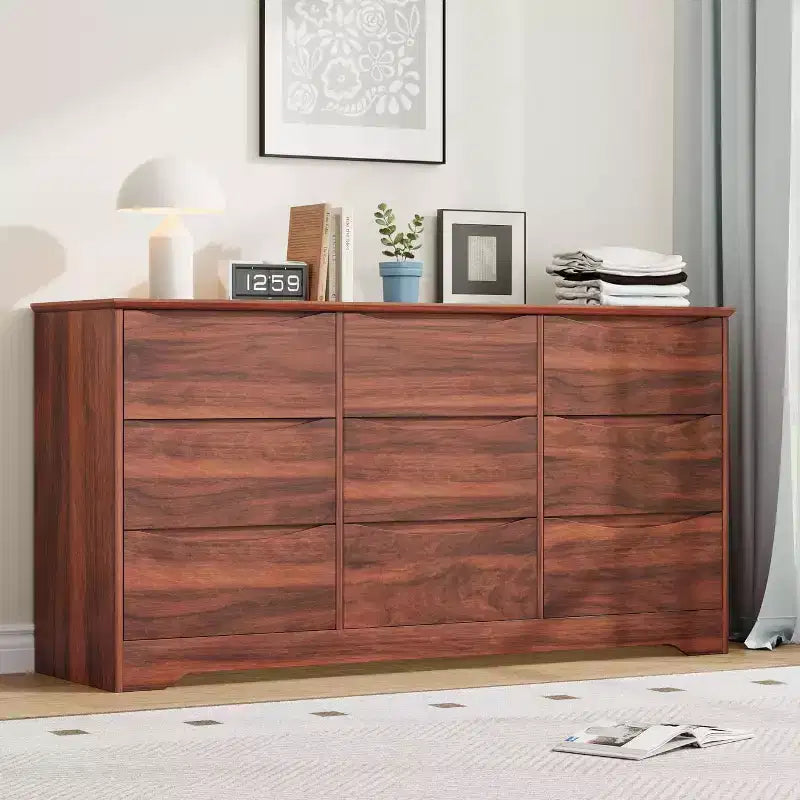 Comò in Legno a 9 Cassetti, Armadio Alto con Contenitori Profondi, Cassettiera Grande con Piano Largo, Comò Contenitore Lungo per Camera da Letto, Soggiorno