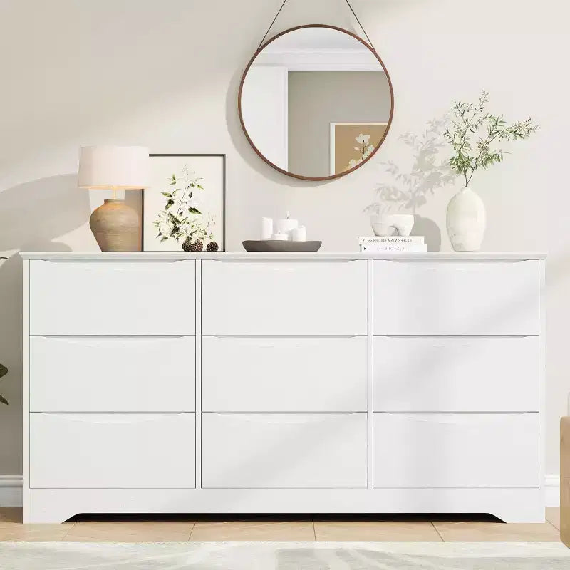 Comò in Legno a 9 Cassetti, Armadio Alto con Contenitori Profondi, Cassettiera Grande con Piano Largo, Comò Contenitore Lungo per Camera da Letto, Soggiorno