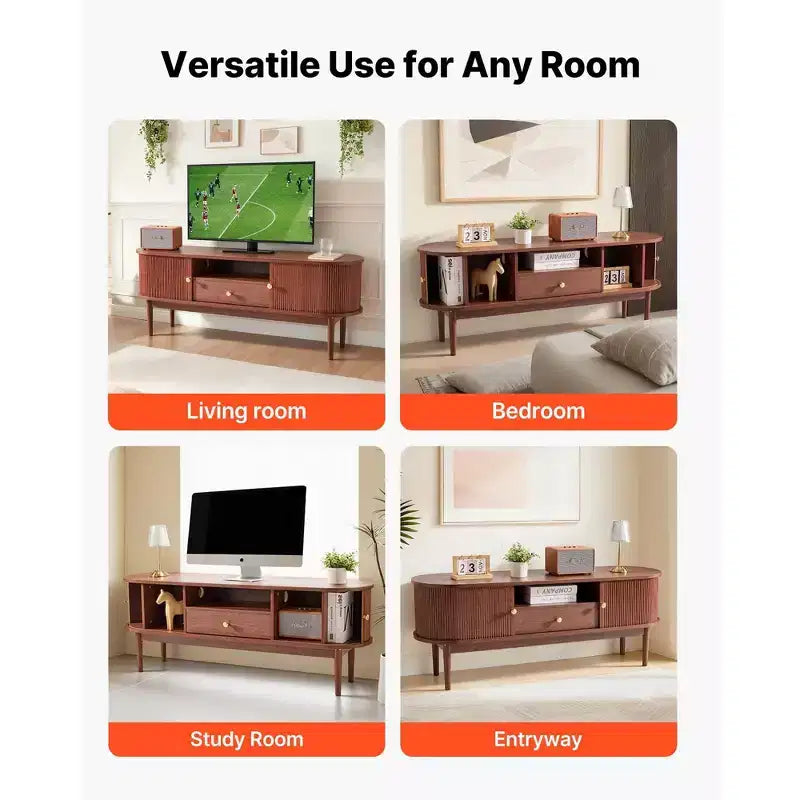 Mobile TV Mid-Century per TV da 58 pollici con Cassetto, Ripiani Aperti, Anta Scorrevole, Marrone